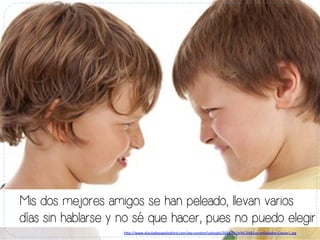 Mis dos mejores amigos se han peleado, llevan varios
días sin hablarse y no sé que hacer, pues no puedo elegir
h#p://www.elauladepapeloxford.com/wp-­‐content/uploads/2013/01/ni%C3%B1os-­‐enfadados-­‐Copiar1.jpg	
  
 