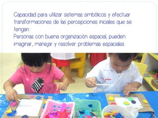 Capacidad para utilizar sistemas simbólicos y efectuar
transformaciones de las percepciones iniciales que se
tengan.
Personas con buena organización espacial, pueden
imaginar, manejar y resolver problemas espaciales
 