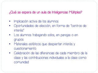 ¿Qué se espera de un aula de Inteligencias Múltiples?
•  Implicación activa de los alumnos
•  Oportunidades de elección, en forma de “centros de
interés”
•  Los alumnos trabajando solos, en parejas o en
grupos
•  Materiales estéticos que despiertan interés y
cuestionamiento
•  Celebración de las diferencias de cada miembro de la
clase y las contribuciones individuales a la clase como
comunidad
 
