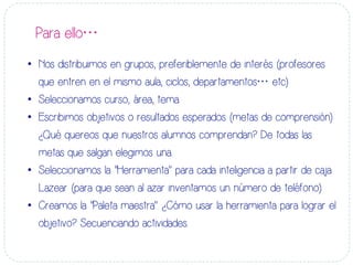 Para ello…
•  Nos distribuimos en grupos, preferiblemente de interés (profesores
que entren en el mismo aula, ciclos, departamentos… etc)
•  Seleccionamos curso, área, tema.
•  Escribimos objetivos o resultados esperados (metas de comprensión)
¿Qué quereos que nuestros alumnos comprendan? De todas las
metas que salgan elegimos una..
•  Seleccionamos la “Herramienta” para cada inteligencia a partir de caja
Lazear (para que sean al azar inventamos un número de teléfono).
•  Creamos la “Paleta maestra”. ¿Cómo usar la herramienta para lograr el
objetivo? Secuenciando actividades..
 