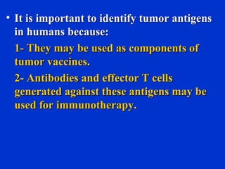 • It is important to identify tumor antigensIt is important to identify tumor antigens
in humans because:in humans because:
1- They may be used as1- They may be used as components ofcomponents of
tumor vaccines.tumor vaccines.
2- Antibodies and effector T cells2- Antibodies and effector T cells
generated against these antigens may begenerated against these antigens may be
used forused for immunotherapy.immunotherapy.
 