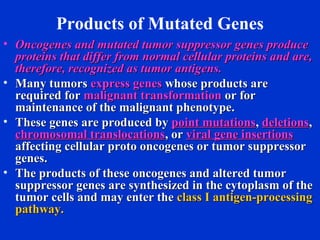 Products of Mutated Genes
• Oncogenes and mutated tumor suppressor genes produceOncogenes and mutated tumor suppressor genes produce
proteins that differ from normal cellular proteins and are,proteins that differ from normal cellular proteins and are,
therefore, recognized as tumor antigens.therefore, recognized as tumor antigens.
• Many tumorsMany tumors express genesexpress genes whose products arewhose products are
required forrequired for malignant transformationmalignant transformation or foror for
maintenance of the malignant phenotype.maintenance of the malignant phenotype.
• These genes are produced byThese genes are produced by point mutationspoint mutations,, deletionsdeletions,,
chromosomal translocationschromosomal translocations, or, or viral gene insertionsviral gene insertions
affecting cellular proto oncogenes or tumor suppressoraffecting cellular proto oncogenes or tumor suppressor
genes.genes.
• The products of these oncogenes and altered tumorThe products of these oncogenes and altered tumor
suppressor genes are synthesized in the cytoplasm of thesuppressor genes are synthesized in the cytoplasm of the
tumor cells and may enter thetumor cells and may enter the class I antigen-processingclass I antigen-processing
pathway.pathway.
 