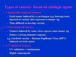 Types of cancers based on etiologic agent
• Chemically-induced tumorsChemically-induced tumors
– Each tumor induced by a carcinogen (e.g. benzopyrene)Each tumor induced by a carcinogen (e.g. benzopyrene)
injected at various sites expresses a unique Ag.injected at various sites expresses a unique Ag.
– Thus difficult to develop vaccine.Thus difficult to develop vaccine.
• Virus-induced tumorsVirus-induced tumors
– Tumors induced by same virus express same tumor Ag.Tumors induced by same virus express same tumor Ag.
– Induce a strong immune response.Induce a strong immune response.
e.g. Gardasil vaccine – Human Papilloma Virus (HPV)e.g. Gardasil vaccine – Human Papilloma Virus (HPV)
induced cervical cancerinduced cervical cancer
• UV-induced tumorsUV-induced tumors
– UV radiation--->melanomasUV radiation--->melanomas
– Highly tumorigenicHighly tumorigenic
 