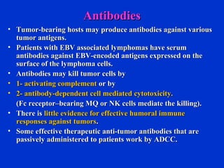 AntibodiesAntibodies
• Tumor-bearing hosts may produce antibodies against variousTumor-bearing hosts may produce antibodies against various
tumor antigens.tumor antigens.
• Patients with EBV associated lymphomas have serumPatients with EBV associated lymphomas have serum
antibodies against EBV-encoded antigens expressed on theantibodies against EBV-encoded antigens expressed on the
surface of the lymphoma cells.surface of the lymphoma cells.
• Antibodies may kill tumor cells byAntibodies may kill tumor cells by
• 1- activating complement1- activating complement or byor by
• 2- antibody-dependent cell mediated cytotoxicity.2- antibody-dependent cell mediated cytotoxicity.
(Fc receptor–bearing MQ or NK cells mediate the killing).(Fc receptor–bearing MQ or NK cells mediate the killing).
• There isThere is little evidence for effective humoral immunelittle evidence for effective humoral immune
responses against tumorsresponses against tumors..
• Some effective therapeutic anti-tumor antibodies that areSome effective therapeutic anti-tumor antibodies that are
passively administered to patients work by ADCC.passively administered to patients work by ADCC.
 