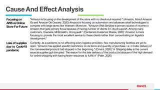 TREY
research
CauseAnd EffectAnalysis
RohitS
Focusingon
AWSvs Online
Store ForFuture
"Amazon is focusing on the development of the store with no check-out required." (Amazon, About Amazon
Go and Amazon Go Grocery, 2020) Amazon is focusing on automation and advances retail technologies to
compete with large stores like Walmart. Moreover, “Amazon Web Services is primary source of income to
Amazon that gets primary focus because of having number of clients for cloud support. Among many
customers, Coursera, McDonald’s, Honeywell.” (Containers Customer Stories, 2020) “Amazon is more
focusing to provide the most excellent service to these clients rather than concentrating on logistics
development.”
Lossof supplies
due to Covid-19
pandemic
Currently, as a pandemic is not affecting every logistics providers, few manufacturing facilities are yet to
open. “Amazon has applied specific restrictions on its items and quantity of purchase. i.e. in India, delivery of
the non-essential product had stopped in the beginning." (Emont, 2020) “A Shipping delay is the current
issue as supplies got disrupted. The reason for this late delivery of the product is because of the high demand
for online shopping with having fewer resources to fulfill it” (Paler, 2020)
 