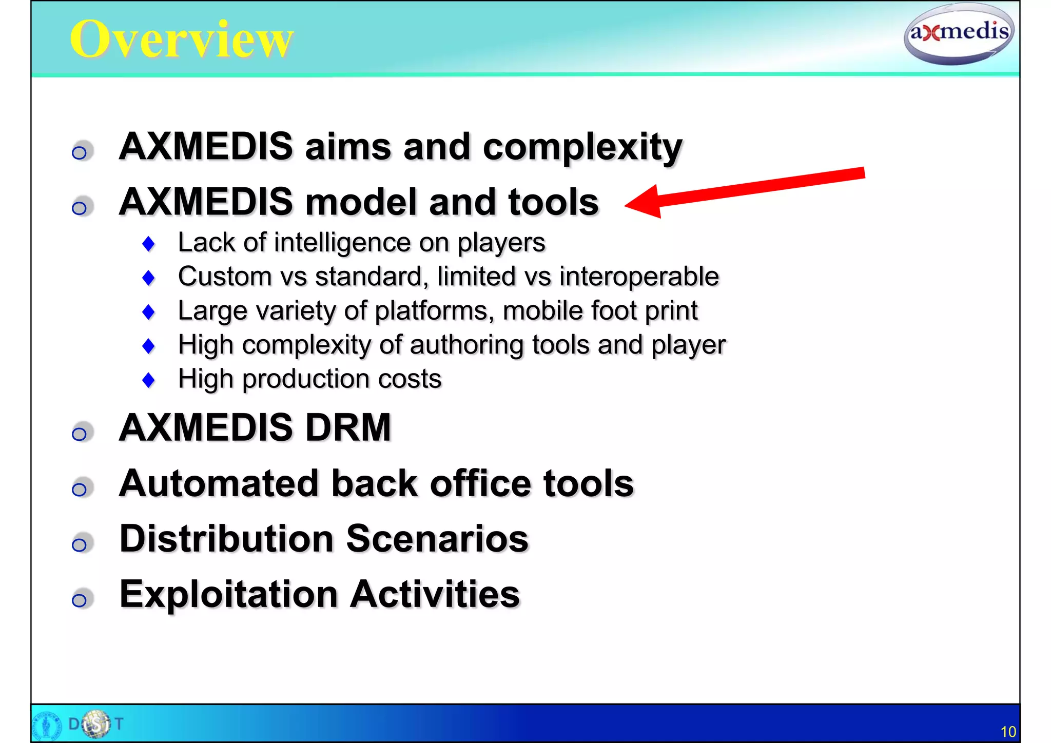 Overview
O   AXMEDIS aims and complexity
O   AXMEDIS model and tools
        Lack of intelligence on players
        Custom vs standard, limited vs interoperable
        Large variety of platforms, mobile foot print
        High complexity of authoring tools and player
        High production costs
O   AXMEDIS DRM
O   Automated back office tools
O   Distribution Scenarios
O   Exploitation Activities


                                                         10
 