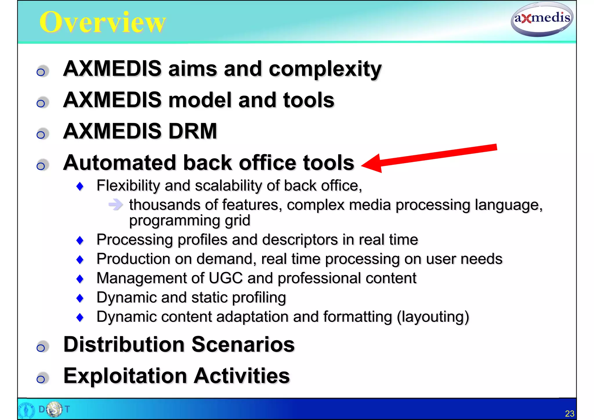Overview
O   AXMEDIS aims and complexity
O   AXMEDIS model and tools
O   AXMEDIS DRM
O   Automated back office tools
      Flexibility and scalability of back office,
         thousands of features, complex media processing language,
            programming grid
      Processing profiles and descriptors in real time
      Production on demand, real time processing on user needs
      Management of UGC and professional content
      Dynamic and static profiling
      Dynamic content adaptation and formatting (layouting)
O   Distribution Scenarios
O   Exploitation Activities
                                                                      23
 