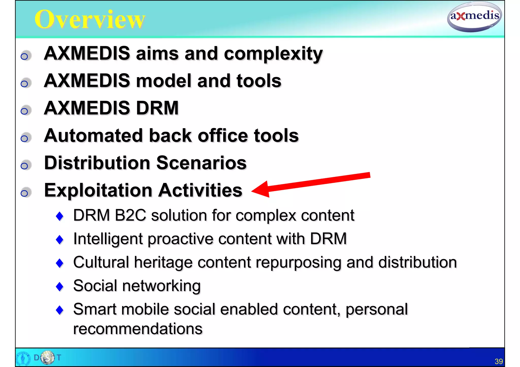Overview
O   AXMEDIS aims and complexity
O   AXMEDIS model and tools
O   AXMEDIS DRM
O   Automated back office tools
O   Distribution Scenarios
O   Exploitation Activities
        DRM B2C solution for complex content
        Intelligent proactive content with DRM
        Cultural heritage content repurposing and distribution
        Social networking
        Smart mobile social enabled content, personal
         recommendations
                                                                  39
 