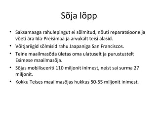 Sõja lõpp Saksamaaga rahulepingut ei sõlmitud, nõuti reparatsioone ja võeti ära Ida-Preisimaa ja arvukalt teisi alasid. Võitjariigid sõlmisid rahu Jaapaniga San Franciscos. Teine maailmasõda ületas oma ulatuselt ja purustustelt Esimese maailmasõja. Sõjas mobiliseeriti 110 miljonit inimest, neist sai surma 27 miljonit. Kokku Teises maailmasõjas hukkus 50-55 miljonit inimest. 