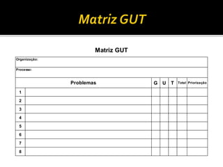 G U T Total Priorização
1
2
3
4
5
6
7
8
Problemas
Matriz GUT
Organização:
Processo:
 