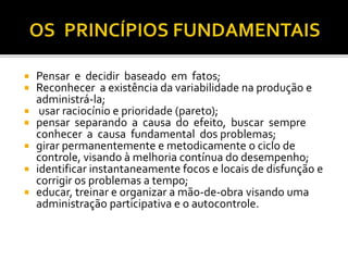  Pensar e decidir baseado em fatos;
 Reconhecer a existência da variabilidade na produção e
administrá-la;
 usar raciocínio e prioridade (pareto);
 pensar separando a causa do efeito, buscar sempre
conhecer a causa fundamental dos problemas;
 girar permanentemente e metodicamente o ciclo de
controle, visando à melhoria contínua do desempenho;
 identificar instantaneamente focos e locais de disfunção e
corrigir os problemas a tempo;
 educar, treinar e organizar a mão-de-obra visando uma
administração participativa e o autocontrole.
 