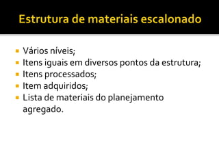  Vários níveis;
 Itens iguais em diversos pontos da estrutura;
 Itens processados;
 Item adquiridos;
 Lista de materiais do planejamento
agregado.
 