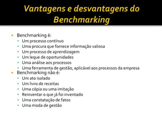  Benchmarking é:
 Um processo contínuo
 Uma procura que fornece informação valiosa
 Um processo de aprendizagem
 Um leque de oportunidades
 Uma análise aos processos
 Uma ferramenta de gestão, aplicável aos processos da empresa
 Benchmarking não é:
 Um ato isolado
 Um livro de receitas
 Uma cópia ou uma imitação
 Reinventar o que já foi inventado
 Uma constatação de fatos
 Uma moda de gestão
 