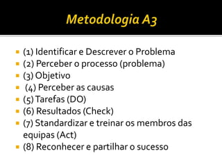  (1) Identificar e Descrever o Problema
 (2) Perceber o processo (problema)
 (3) Objetivo
 (4) Perceber as causas
 (5)Tarefas (DO)
 (6) Resultados (Check)
 (7) Standardizar e treinar os membros das
equipas (Act)
 (8) Reconhecer e partilhar o sucesso
 