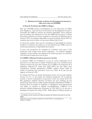 Revue Africaine de l’Intégration Vol.4 No.2, janvier 2011 
3. Résultats de l’étude: évolution du développement humain et 
Impact de la crise économique et financière de 2007-2009 sur le Développement 
Humain en Afrique 
91 
effets de la crise sur l’ICOMD 
3.1 Etat de l’évolution des OMD en Afrique 
Bien que l’ICOMD retienne essentiellement les trois dimensions de l’IDH, 
nous élargissons l’état des lieux de l’évolution du développement humain à 
l’ensemble des OMD en fonction des données disponibles. Nous analysons 
donc la tendance des indicateurs de suivi des OMD afin de prévoir, à rythme 
d’évolution maintenu, les niveaux auxquels se trouveront les différents pays à 
l’horizon 2015. Les données disponibles couvrant la période d’avant 2007, les 
tendances qui seront révélées, ne seront pas affectées par la crise1. 
Le besoin de synthèse mais aussi les contraintes de disponibilité de données 
justifient la restriction des analyses à un seul indicateur par OMD, retenu en 
confrontant pertinence et disponibilité des données. 
Si nous nous permettons de comparer les évolutions entre pays, il faut 
néanmoins tenir compte d’une réserve importante : les tendances dégagées 
s’appuient sur des nombres très disparates de données par pays. La robustesse 
n’est donc pas la même pour tous les pays. 
3.1.1 OMD 1: Eliminer l’extrême pauvreté et la faim 
Le premier OMD vise l’éradication ou tout au moins l’atténuation de la 
pauvreté et de la faim dans le monde. L’indicateur que nous retiendrons pour 
analyser l’avancée des pays dans l’atteinte de cet OMD est la proportion de la 
population disposant de moins d’un dollar (PPA) par jour. Dans notre 
entendement, atteindre partiellement l’OMD1 suppose d’avoir réduit de 
moitié, la proportion des personnes vivant avec moins de $1 par jour par 
rapport au niveau de 1990. 
En Afrique de l’Ouest, les droites d’ajustement tracées ont une pente négative 
(8 pays sur 11) ; ce qui traduit une réduction progressive de la pauvreté, 
mesurée à travers la proportion de personnes vivant avec moins de $1 US. 
Des graphiques similaires illustrant l’évolution des pays d’Afrique de l’est 
révèlent que seul le Kenya semble capable d’atteindre partiellement l’OMD 1 à 
l’horizon 2015, les progrès en Ouganda et à Madagascar étant apparemment 
trop faibles. La situation se dégrade considérablement à Djibouti où la 
pauvreté semblait pratiquement inexistante en 1996 (4,8%) et où son taux a 
quadruplé en l’espace de 6 années (1996 - 2002). Quant à l’Afrique australe, on 
1 Les données ont été extraites de la Base de données des Nations Unies pour le suivi des 
OMD 
 