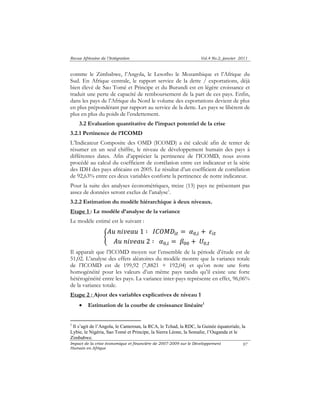 Revue Africaine de l’Intégration Vol.4 No.2, janvier 2011 
comme le Zimbabwe, l’Angola, le Lesotho le Mozambique et l’Afrique du 
Sud. En Afrique centrale, le rapport service de la dette / exportations, déjà 
bien élevé de Sao Tomé et Principe et du Burundi est en légère croissance et 
traduit une perte de capacité de remboursement de la part de ces pays. Enfin, 
dans les pays de l’Afrique du Nord le volume des exportations devient de plus 
en plus prépondérant par rapport au service de la dette. Les pays se libèrent de 
plus en plus du poids de l’endettement. 
ܣݑ ݊݅ݒ݁ܽݑ 1 ׷ ܫܥܱܯܦ௜௧ ൌ ߙ଴,௜ ൅ ߝ௜௧ 
ܣݑ ݊݅ݒ݁ܽݑ 2 ׷ ߙ଴,௜ ൌ ߚ଴଴ ൅ ܷ଴,௧ 
Impact de la crise économique et financière de 2007-2009 sur le Développement 
Humain en Afrique 
97 
3.2 Evaluation quantitative de l’impact potentiel de la crise 
3.2.1 Pertinence de l’ICOMD 
L’Indicateur Composite des OMD (ICOMD) a été calculé afin de tenter de 
résumer en un seul chiffre, le niveau de développement humain des pays à 
différentes dates. Afin d’apprécier la pertinence de l’ICOMD, nous avons 
procédé au calcul du coefficient de corrélation entre cet indicateur et la série 
des IDH des pays africains en 2005. Le résultat d’un coefficient de corrélation 
de 92,63% entre ces deux variables conforte la pertinence de notre indicateur. 
Pour la suite des analyses économétriques, treize (13) pays ne présentant pas 
assez de données seront exclus de l’analyse1. 
3.2.2 Estimation du modèle hiérarchique à deux niveaux. 
Etape 1 : Le modèle d’analyse de la variance 
Le modèle estimé est le suivant : 
ቊ 
Il apparaît que l’ICOMD moyen sur l’ensemble de la période d’étude est de 
51,02. L’analyse des effets aléatoires du modèle montre que la variance totale 
de l’ICOMD est de 199,92 (7,8821 + 192,04) et qu’on note une forte 
homogénéité pour les valeurs d’un même pays tandis qu’il existe une forte 
hétérogénéité entre les pays. La variance inter-pays représente en effet, 96,06% 
de la variance totale. 
Etape 2 : Ajout des variables explicatives de niveau 1 
• Estimation de la courbe de croissance linéaire1 
1 Il s’agit de l’Angola, le Cameroun, la RCA, le Tchad, la RDC, la Guinée équatoriale, la 
Lybie, le Nigéria, Sao Tomé et Principe, la Sierra Léone, la Somalie, l’Ouganda et le 
Zimbabwe. 
 