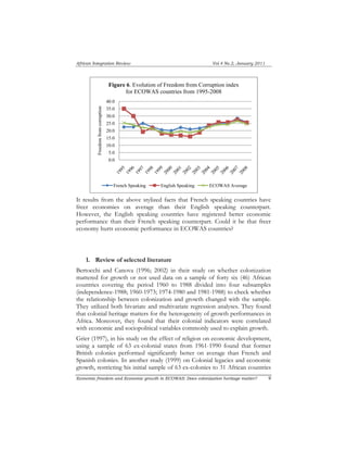 African Integration Review Vol.4 No.2, January 2011 
Figure 6. Evolution of Freedom from Corruption index 
40.0 
35.0 
30.0 
25.0 
20.0 
15.0 
10.0 
5.0 
0.0 
Freedom from corruption 
for ECOWAS countries from 1995-2008 
French Speaking English Speaking ECOWAS Average 
It results from the above stylized facts that French speaking countries have 
freer economies on average than their English speaking counterpart. 
However, the English speaking countries have registered better economic 
performance than their French speaking counterpart. Could it be that freer 
economy hurts economic performance in ECOWAS countries? 
1. Review of selected literature 
Bertocchi and Canova (1996; 2002) in their study on whether colonization 
mattered for growth or not used data on a sample of forty six (46) African 
countries covering the period 1960 to 1988 divided into four subsamples 
(independence-1988; 1960-1973; 1974-1980 and 1981-1988) to check whether 
the relationship between colonization and growth changed with the sample. 
They utilized both bivariate and multivariate regression analyses. They found 
that colonial heritage matters for the heterogeneity of growth performances in 
Africa. Moreover, they found that their colonial indicators were correlated 
with economic and sociopolitical variables commonly used to explain growth. 
Grier (1997), in his study on the effect of religion on economic development, 
using a sample of 63 ex-colonial states from 1961-1990 found that former 
British colonies performed significantly better on average than French and 
Spanish colonies. In another study (1999) on Colonial legacies and economic 
growth, restricting his initial sample of 63 ex-colonies to 31 African countries 
Economic freedom and Economic growth in ECOWAS: Does colonization heritage matter? 9 
 