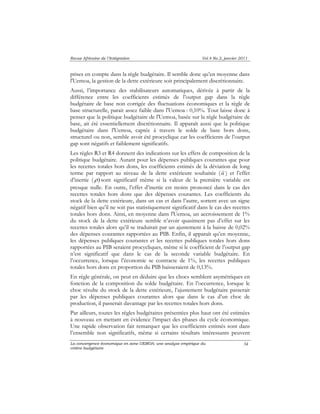 Revue Africaine de l’Intégration Vol.4 No.2, janvier 2011 
prises en compte dans la règle budgétaire. Il semble donc qu’en moyenne dans 
l'Uemoa, la gestion de la dette extérieure soit principalement discrétionnaire. 
Aussi, l’importance des stabilisateurs automatiques, dérivée à partir de la 
différence entre les coefficients estimés de l’output gap dans la règle 
budgétaire de base non corrigée des fluctuations économiques et la règle de 
base structurelle, parait assez faible dans l'Uemoa : 0,10%. Tout laisse donc à 
penser que la politique budgétaire de l'Uemoa, basée sur la règle budgétaire de 
base, ait été essentiellement discrétionnaire. Il apparaît aussi que la politique 
budgétaire dans l'Uemoa, captée à travers le solde de base hors dons, 
structurel ou non, semble avoir été procyclique car les coefficients de l’output 
gap sont négatifs et faiblement significatifs. 
Les règles R3 et R4 donnent des indications sur les effets de composition de la 
politique budgétaire. Autant pour les dépenses publiques courantes que pour 
les recettes totales hors dons, les coefficients estimés de la déviation de long 
terme par rapport au niveau de la dette extérieure souhaitée ( α ~ 
d’inertie (ρ ) sont significatif même si la valeur de la première variable est 
presque nulle. En outre, l’effet d’inertie est moins prononcé dans le cas des 
recettes totales hors dons que des dépenses courantes. Les coefficients du 
stock de la dette extérieure, dans un cas et dans l’autre, sortent avec un signe 
négatif bien qu’il ne soit pas statistiquement significatif dans le cas des recettes 
totales hors dons. Ainsi, en moyenne dans l'Uemoa, un accroissement de 1% 
du stock de la dette extérieure semble n’avoir quasiment pas d’effet sur les 
recettes totales alors qu’il se traduirait par un ajustement à la baisse de 0,02% 
des dépenses courantes rapportées au PIB. Enfin, il apparaît qu’en moyenne, 
les dépenses publiques courantes et les recettes publiques totales hors dons 
rapportées au PIB seraient procycliques, même si le coefficient de l’output gap 
n’est significatif que dans le cas de la seconde variable budgétaire. En 
l’occurrence, lorsque l’économie se contracte de 1%, les recettes publiques 
totales hors dons en proportion du PIB baisseraient de 0,13%. 
En règle générale, on peut en déduire que les chocs semblent asymétriques en 
fonction de la composition du solde budgétaire. En l’occurrence, lorsque le 
choc résulte du stock de la dette extérieure, l’ajustement budgétaire passerait 
par les dépenses publiques courantes alors que dans le cas d’un choc de 
production, il passerait davantage par les recettes totales hors dons. 
Par ailleurs, toutes les règles budgétaires présentées plus haut ont été estimées 
à nouveau en mettant en évidence l’impact des phases du cycle économique. 
Une rapide observation fait remarquer que les coefficients estimés sont dans 
l’ensemble non significatifs, même si certains résultats intéressants peuvent 
La convergence économique en zone UEMOA: une analyse empirique du 
critère budgétaire 
) et l’effet 
34 
 