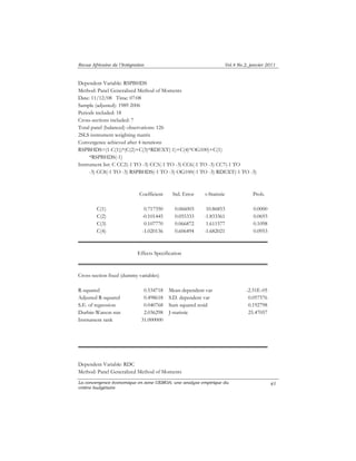 Revue Africaine de l’Intégration Vol.4 No.2, janvier 2011 
La convergence économique en zone UEMOA: une analyse empirique du 
critère budgétaire 
45 
Dependent Variable: RSPBHDS 
Method: Panel Generalized Method of Moments 
Date: 11/12/08 Time: 07:08 
Sample (adjusted): 1989 2006 
Periods included: 18 
Cross-sections included: 7 
Total panel (balanced) observations: 126 
2SLS instrument weighting matrix 
Convergence achieved after 4 iterations 
RSPBHDS=(1-C(1))*(C(2)+C(3)*RDEXT(-1)+C(4)*OG100)+C(1) 
*RSPBHDS(-1) 
Instrument list: C CC2(-1 TO -3) CC5(-1 TO -3) CC6(-1 TO -3) CC7(-1 TO 
-3) CC8(-1 TO -3) RSPBHDS(-1 TO -3) OG100(-1 TO -3) RDEXT(-1 TO -3) 
Coefficient Std. Error t-Statistic Prob. 
C(1) 0.717350 0.066003 10.86853 0.0000 
C(2) -0.101445 0.055333 -1.833361 0.0693 
C(3) 0.107770 0.066872 1.611577 0.1098 
C(4) -1.020136 0.606494 -1.682021 0.0953 
Effects Specification 
Cross-section fixed (dummy variables) 
R-squared 0.534718 Mean dependent var -2.51E-05 
Adjusted R-squared 0.498618 S.D. dependent var 0.057576 
S.E. of regression 0.040768 Sum squared resid 0.192798 
Durbin-Watson stat 2.036298 J-statistic 25.47057 
Instrument rank 31.000000 
Dependent Variable: RDC 
Method: Panel Generalized Method of Moments 
 