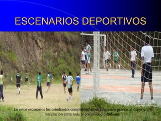 ESCENARIOS DEPORTIVOSEn estos escenarios los estudiantes complementan su educación gracias al deporte y la integración entre toda la comunidad estudiantil.