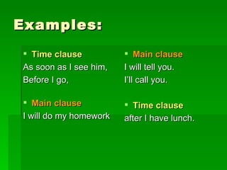 Examples:  Time clause   As soon as I see him, Before I go, Main clause I will do my homework Main clause I will tell you. I’ll call you. Time clause after I have lunch. 