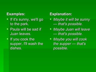 Examples: If it's sunny, we'll go to the park. Paula will be sad if Juan leaves.  If you cook the supper, I'll wash the dishes.  Explanation: Maybe it will be sunny — that's possible. Maybe Juan will leave — that's possible. Maybe you will cook the supper — that's possible.   