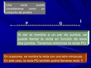 Una recta puede considerarse como un conjunto de puntos P Q Al dar el nombre a un par de puntos, se puede llamar la recta en función de esos dos puntos. Tenemos entonces la recta PQ En ocasiones, se nombra la recta con una letra minúscula. En este caso, la recta PQ también podría llamarse recta l l