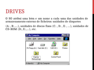 DRIVES
O SO atribui uma letra e um nome a cada uma das unidades de
armazenamento externo de ficheiros: unidades de disquetes
(A: , B: ,...), unidades de discos fixos (C: , D: , E: , ...), unidades de
CD-ROM (D:, E:,…), etc.
 