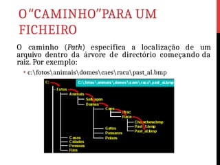 O“CAMINHO”PARA UM
FICHEIRO
O caminho (Path) especifica a localização de um
arquivo dentro da árvore de directório começando da
raiz. Por exemplo:
• c:fotosanimaisdomescaesracapast_al.bmp
 