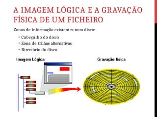 A IMAGEM LÓGICA E A GRAVAÇÃO
FÍSICA DE UM FICHEIRO
Zonas de informação existentes num disco:
• Cabeçalho do disco
• Zona de trilhas alternativas
• Directório do disco
 
