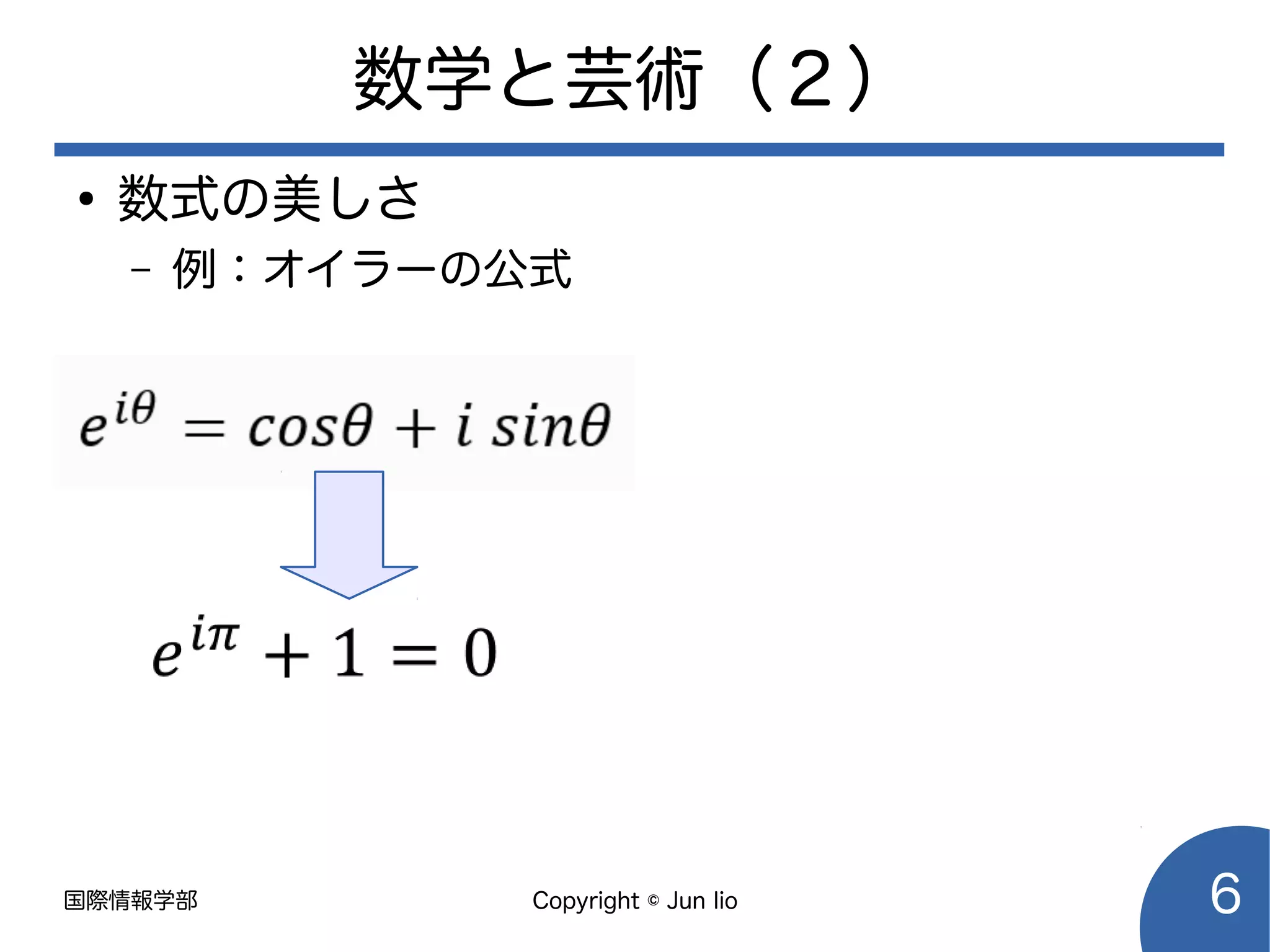 国際情報学部 Copyright © Jun Iio 6
数学と芸術（２）
●
数式の美しさ
– 例：オイラーの公式
 