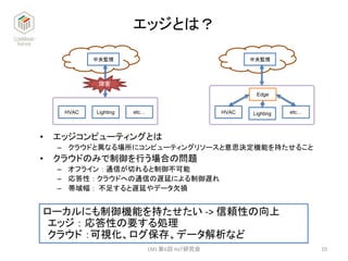 エッジとは？
• エッジコンピューティングとは
– クラウドと異なる場所にコンピューティングリソースと意思決定機能を持たせること
• クラウドのみで制御を行う場合の問題
– オフライン ： 通信が切れると制御不可能
– 応答性 ： クラウドへの通信の遅延による制御遅れ
– 帯域幅 ： 不足すると遅延やデータ欠損
ローカルにも制御機能を持たせたい -> 信頼性の向上
エッジ ： 応答性の要する処理
クラウド ：可視化、ログ保存、データ解析など
10
HVAC Lighting etc…
中央監視
障害
HVAC Lighting etc…
中央監視
Edge
LMJ 第6回 IIoT研究会
 