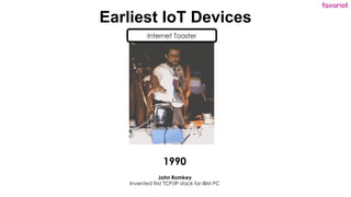 favoriot
Earliest IoT Devices
1990
John Romkey
Invented first TCP/IP stack for IBM PC
Internet Toaster
 