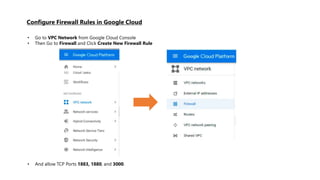 Configure Firewall Rules in Google Cloud
• Go to VPC Network from Google Cloud Console
• Then Go to Firewall and Click Create New Firewall Rule
• And allow TCP Ports 1883, 1880, and 3000.
 