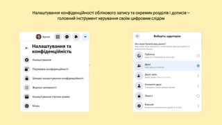 Налаштування конфіденційності облікового запису та окремих розділів і дописів –
головний інструмент керування своїм цифровим слідом
 