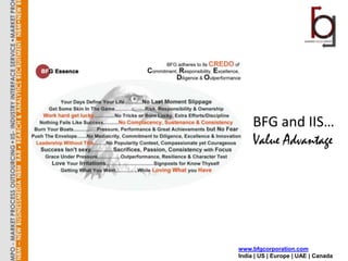BFG and IIS…
     Value Advantage




www.bfgcorporation.com
India | US | Europe | UAE | Canada
 