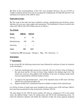 25. Most of the recommendations of the TAC were accepted. However, the use of GVO as
weights at industry group levels was not accepted for Compiling the All India IIP and GVA was
continued to be used as in the 1980-81 series.
Scope and coverage:
26. The scope of the index has been confined to mining, manufacturing and electricity sectors
and does not cover gas, water supply and construction. The distribution of items covered by the
index with 1980-81 and 1993-94 base year are as follows :No. of Items
Sector

1980-81

1993-94

Mining

61

64

Manufacturing

288

478

1

1

350

543*

Electricity
Total

*(clubbed into 287 item groups : Mining-1, Mfg. - 285, Electricity - 1)
Item basket:
27. Item basket:
In the revised IIP, the following criteria have been followed for selection of items for inclusion
in the item basket :
i. Each item should generally account for at least Rs. 80 crore of Gross Value of Output at
the item level and Rs. 20 crore of Gross Value Added at the ultimate digit level. The
criteria has, however, been applied with flexibility in the case of industry group which
were not represented by sufficient number of items;
ii.
iii.

To improve the representativeness , some of the important items of IIP series with base
1980-81 have also been included, and
Regular monthly flow of production data be available in respect of the selected items.

(iv) All the 18 items of small scale sector included in the current series of IIP with base 1980-81
have also been accounted for in the revised series with base 1993-94.
The item basket for the 1993-94 series contains 543 items as compared to 352 in the earlier
series, the addition being 3 items for mining sector and 188 for the manufacturing sector. To
retain the distinctive character and enable the collection of data, the source agencies proposed

 
