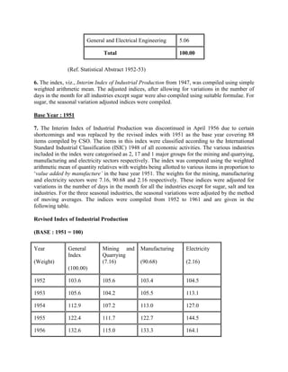 General and Electrical Engineering
Total

5.06
100.00

(Ref. Statistical Abstract 1952-53)
6. The index, viz., Interim Index of Industrial Production from 1947, was compiled using simple
weighted arithmetic mean. The adjusted indices, after allowing for variations in the number of
days in the month for all industries except sugar were also compiled using suitable formulae. For
sugar, the seasonal variation adjusted indices were compiled.
Base Year : 1951
7. The Interim Index of Industrial Production was discontinued in April 1956 due to certain
shortcomings and was replaced by the revised index with 1951 as the base year covering 88
items compiled by CSO. The items in this index were classified according to the International
Standard Industrial Classification (ISIC) 1948 of all economic activities. The various industries
included in the index were categorised as 2, 17 and 1 major groups for the mining and quarrying,
manufacturing and electricity sectors respectively. The index was computed using the weighted
arithmetic mean of quantity relatives with weights being allotted to various items in proportion to
‘value added by manufacture’ in the base year 1951. The weights for the mining, manufacturing
and electricity sectors were 7.16, 90.68 and 2.16 respectively. These indices were adjusted for
variations in the number of days in the month for all the industries except for sugar, salt and tea
industries. For the three seasonal industries, the seasonal variations were adjusted by the method
of moving averages. The indices were compiled from 1952 to 1961 and are given in the
following table.
Revised Index of Industrial Production
(BASE : 1951 = 100)
Year

General
Index

(Weight)

Mining and
Quarrying
(7.16)

Manufacturing

Electricity

(90.68)

(2.16)

(100.00)
1952

103.6

105.6

103.4

104.5

1953

105.6

104.2

105.5

113.1

1954

112.9

107.2

113.0

127.0

1955

122.4

111.7

122.7

144.5

1956

132.6

115.0

133.3

164.1

 