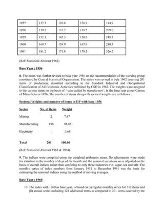 1957

137.3

126.8

136.9

184.9

1958

139.7

133.7

138.5

209.0

1959

152.1

142.3

150.6

248.5

1960

169.7

159.9

167.9

280.5

1961

181.2

171.8

178.5

326.2

(Ref: Statistical Abstract 1962)
Base Year : 1956
8. The index was further revised to base year 1956 on the recommendation of the working group
constituted by Central Statistical Organisation. The series was revised in July 1962 covering 201
items of production, classified according to the Standard Industrial and Occupational
Classification of All Economic Activities published by CSO in 1962. The weights were assigned
to the various items on the basis of ‘value added by manufacture’, in the base year as per Census
of Manufactures 1956. The number of items alongwith sectoral weights are as follows :
Sectoral Weights and number of items in IIP with base 1956
Sector

No. of items

Mining
Manufacturing
Electricity

Total

Weight

2

7.47

198

88.85

1

3.68

201

100.00

(Ref: Statistical Abstract 1963 & 1964)
9. The indices were compiled using the weighted arithmetic mean. No adjustments were made
for variation in the number of days of the month and the seasonal variations were adjusted on the
basis of overall indices rather than confining to only three industries viz. sugar, tea and salt. The
monthly series of index numbers from January 1951 to December 1961 was the basis for
estimating the seasonal indices using the method of moving averages.
Base Year : 1960
10. The index with 1960 as base year, is based on (i) regular monthly series for 312 items and
(ii) annual series including 124 additional items as compared to 201 items covered by the

 