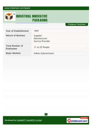 - Company Factsheet -


Year of Establishment   1997

Nature of Business      Supplier
                        Manufacturer
                        Service Provider

Total Number of
                        11 to 25 People
Employees

Major Markets           Indian Subcontinent
 