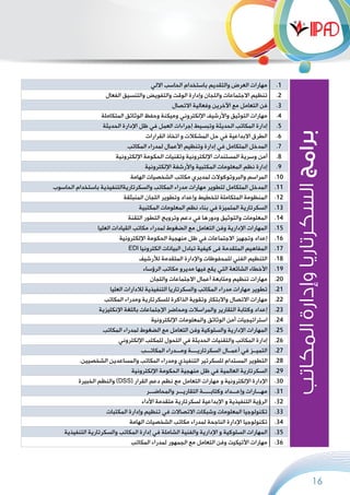 16
.1‫االلي‬ ‫الحاسب‬ ‫باستخدام‬ ‫والتقديم‬ ‫العرض‬ ‫مهارات‬
.2‫الفعال‬ ‫والتنسيق‬ ‫والتفويض‬ ‫الوقت‬ ‫وإدارة‬ ‫واللجان‬ ‫االجتماعات‬ ‫تنظيم‬
.3‫االتصال‬ ‫وفعالية‬ ‫اآلخرين‬ ‫مع‬ ‫التعامل‬ ‫فن‬
.4‫المتكاملة‬ ‫الوثائق‬ ‫وحفظ‬ ‫وميكنة‬ ‫اإللكتروني‬ ‫واألرشيف‬ ‫التوثيق‬ ‫مهارات‬
.5‫الحديثة‬ ‫اإلدارة‬ ‫ظل‬ ‫في‬ ‫العمل‬ ‫إجراءات‬ ‫وتبسيط‬ ‫الحديثة‬ ‫المكاتب‬ ‫إدارة‬
.6‫القرارات‬ ‫اتخاذ‬ ‫و‬ ‫المشكالت‬ ‫حل‬ ‫في‬ ‫االبداعية‬ ‫الطرق‬
.7‫المكاتب‬ ‫لمدراء‬ ‫األعمال‬ ‫وتنظيم‬ ‫إدارة‬ ‫في‬ ‫المتكامل‬ ‫المدخل‬
.8‫اإللكترونية‬ ‫الحكومة‬ ‫وتقنيات‬ ‫اإللكترونية‬ ‫المستندات‬ ‫وسرية‬ ‫أمن‬
.9‫اإللكترونية‬ ‫واألرشفة‬ ‫المكتبية‬ ‫المعلومات‬ ‫نظم‬ ‫إدارة‬
.10‫الهامة‬ ‫الشخصيات‬ ‫مكاتب‬ ‫لمديري‬ ‫والبروتوكوالت‬ ‫المراسم‬
.11‫الحاسوب‬ ‫باستخدام‬ ‫والسكرتاريةالتنفيذية‬ ‫المكاتب‬ ‫مدراء‬ ‫مهارات‬ ‫لتطوير‬ ‫المتكامل‬ ‫المدخل‬
.12‫المنبثقة‬ ‫اللجان‬ ‫وتطوير‬ ‫وإعداد‬ ‫لتخطيط‬ ‫المتكاملة‬ ‫المنظومة‬
.13‫المكتبية‬ ‫المعلومات‬ ‫نظم‬ ‫بناء‬ ‫في‬ ‫المتميزة‬ ‫السكرتارية‬
.14‫التقنة‬ ‫التطور‬ ‫وترويج‬ ‫دعم‬ ‫في‬ ‫ودورها‬ ‫والتوثيق‬ ‫المعلومات‬
.15‫العليا‬ ‫القيادات‬ ‫مكاتب‬ ‫لمدراء‬ ‫الضغوط‬ ‫مع‬ ‫التعامل‬ ‫وفن‬ ‫اإلدارية‬ ‫المهارات‬
.16‫اإللكترونية‬ ‫الحكومة‬ ‫منهجية‬ ‫ظل‬ ‫في‬ ‫االجتماعات‬ ‫وتجهيز‬ ‫إعداد‬
.17EDI ‫الكترونيا‬ ‫البيانات‬ ‫تبادل‬ ‫كيفية‬ ‫فى‬ ‫المتقدمة‬ ‫المفاهيم‬
.18‫لألرشيف‬ ‫المتقدمة‬ ‫واإلدارة‬ ‫للمحفوظات‬ ‫الفني‬ ‫التنظيم‬
.19‫الرؤساء‬ ‫مكاتب‬ ‫مديرو‬ ‫فيها‬ ‫يقع‬ ‫التي‬ ‫الشائعة‬ ‫األخطاء‬
.20‫واللجان‬ ‫االجتماعات‬ ‫أعمال‬ ‫ومتابعة‬ ‫تنظيم‬ ‫مهارات‬
.21‫العليا‬ ‫لالدارات‬ ‫التنفيذية‬ ‫والسكرتاريا‬ ‫المكاتب‬ ‫مدراء‬ ‫مهارات‬ ‫تطوير‬
.22‫المكاتب‬ ‫ومدراء‬ ‫للسكرتارية‬ ‫الذاكرة‬ ‫وتقوية‬ ‫واالبتكار‬ ‫االتصال‬ ‫مهارات‬
.23‫اإلنكليزية‬ ‫باللغة‬ ‫اإلجتماعات‬ ‫ومحاضر‬ ‫والمراسالت‬ ‫التقارير‬ ‫وكتابة‬ ‫إعداد‬
.24‫اإللكترونية‬ ‫والمعلومات‬ ‫الوثائق‬ ‫أمن‬ ‫استراتيجيات‬
.25‫المكاتب‬ ‫لمدراء‬ ‫الضغوط‬ ‫مع‬ ‫التعامل‬ ‫وفن‬ ‫والسلوكية‬ ‫اإلدارية‬ ‫المهارات‬
.26‫اإللكتروني‬ ‫للمكتب‬ ‫التحول‬ ‫في‬ ‫الحديثة‬ ‫والتقنيات‬ ‫المكاتب‬ ‫إدارة‬
.27‫المكاتـــب‬ ‫ومـــدراء‬ ‫السكرتاريــــة‬ ‫أعمــال‬ ‫في‬ ‫التميــز‬
.28.‫الشخصيين‬ ‫والمساعدين‬ ‫المكاتب‬ ‫ومدراء‬ ‫التنفيذي‬ ‫للسكرتير‬ ‫المستدام‬ ‫التطوير‬
.29‫اإللكترونية‬ ‫الحكومة‬ ‫منهجية‬ ‫ظل‬ ‫في‬ ‫العالمية‬ ‫السكرتارية‬
.30‫الخبيرة‬ ‫والنظم‬ )DSS( ‫القرار‬ ‫دعم‬ ‫نظم‬ ‫مع‬ ‫التعامل‬ ‫مهارات‬ ‫و‬ ‫اإللكترونية‬ ‫اإلدارة‬
.31‫والمحاضـــر‬ ‫التقاريـــر‬ ‫وكتابـــــة‬ ‫وإعـــداد‬ ‫مهـــارات‬
.32‫األداء‬ ‫متقدمة‬ ‫لسكرتارية‬ ‫اإلبداعية‬ ‫و‬ ‫التنفيذية‬ ‫الرؤية‬
.33‫المكتبات‬ ‫وإدارة‬ ‫تنظيم‬ ‫في‬ ‫االتصاالت‬ ‫وشبكات‬ ‫المعلومات‬ ‫تكنولوجيا‬
.34‫الهامة‬ ‫الشخصيات‬ ‫مكاتب‬ ‫لمدراء‬ ‫الناجحة‬ ‫اإلدارة‬ ‫تكنولوجيا‬
.35‫التنفيذية‬ ‫والسكرتارية‬ ‫المكاتب‬ ‫إدارة‬ ‫في‬ ‫الشاملة‬ ‫والفنية‬ ‫اإلدارية‬ ‫و‬ ‫السلوكية‬ ‫المهارات‬
.36‫المكاتب‬ ‫لمدراء‬ ‫الجمهور‬ ‫مع‬ ‫التعامل‬ ‫وفن‬ ‫األتيكيت‬ ‫مهارات‬
‫المكاتب‬‫وإدارة‬‫السكرتاريا‬‫برامج‬
 