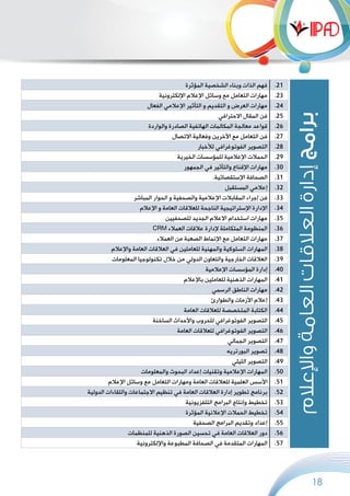 18
.21‫المؤثرة‬ ‫الشخصية‬ ‫وبناء‬ ‫الذات‬ ‫فهم‬
.23‫اإللكترونية‬ ‫اإلعالم‬ ‫وسائل‬ ‫مع‬ ‫التعامل‬ ‫مهارات‬
.24‫الفعال‬ ‫اإلعالمي‬ ‫التأثير‬ ‫و‬ ‫التقديم‬ ‫و‬ ‫العرض‬ ‫مهارات‬
.25‫االحترافي‬ ‫المقال‬ ‫فن‬
.26‫والواردة‬ ‫الصادرة‬ ‫الهاتفية‬ ‫المكالمات‬ ‫معالجة‬ ‫قواعد‬
.27‫االتصال‬ ‫وفعالية‬ ‫اآلخرين‬ ‫مع‬ ‫التعامل‬ ‫فن‬
.28‫لألخبار‬ ‫الفوتوغرافي‬ ‫التصوير‬
.29‫الخيرية‬ ‫للمؤسسات‬ ‫اإلعالمية‬ ‫الحمالت‬
.30‫الجمهور‬ ‫في‬ ‫والتأثير‬ ‫اإلقناع‬ ‫مهارات‬
.31.‫اإلستقصائية‬ ‫الصحافة‬
.32‫المستقبل‬ ‫إعالمي‬
.33‫المباشر‬ ‫الحوار‬ ‫و‬ ‫والصحفية‬ ‫اإلعالمية‬ ‫المقابالت‬ ‫إجراء‬ ‫فن‬
.34‫اإلعالم‬ ‫و‬ ‫العامة‬ ‫للعالقات‬ ‫الناجحة‬ ‫اإلستراتيجية‬ ‫اإلدارة‬
.35‫للصحفيين‬ ‫الجديد‬ ‫االعالم‬ ‫استخدام‬ ‫مهارات‬
.36CRM ‫العمالء‬ ‫عالقات‬ ‫إلدارة‬ ‫المتكاملة‬ ‫المنظومة‬
.37‫العمالء‬ ‫من‬ ‫الصعبة‬ ‫اإلنماط‬ ‫مع‬ ‫التعامل‬ ‫مهارات‬
.38‫واإلعالم‬ ‫العامة‬ ‫العالقات‬ ‫في‬ ‫للعاملين‬ ‫والمهنية‬ ‫السلوكية‬ ‫المهارات‬
.39‫المعلومات‬ ‫تكنولوجيا‬ ‫خالل‬ ‫من‬ ‫الدولي‬ ‫والتعاون‬ ‫الخارجية‬ ‫العالقات‬
.40‫اإلعالمية‬ ‫المؤسسات‬ ‫إدارة‬
.41‫باإلعالم‬ ‫للعاملين‬ ‫الذهنية‬ ‫المهارات‬
.42‫الرسمي‬ ‫الناطق‬ ‫مهارات‬
.43‫والطوارئ‬ ‫األزمات‬ ‫إعالم‬
.44‫العامة‬ ‫للعالقات‬ ‫المتخصصة‬ ‫الكتابة‬
.45‫الساخنة‬ ‫واألحداث‬ ‫للحروب‬ ‫الفوتوغرافي‬ ‫التصوير‬
.46‫العامة‬ ‫للعالقات‬ ‫الفوتوغرافي‬ ‫التصوير‬
.47‫الجمالي‬ ‫التصوير‬
.48‫البورتريه‬ ‫تصوير‬
.49‫الليلي‬ ‫التصوير‬
.50‫والمعلومات‬ ‫البحوث‬ ‫إعداد‬ ‫وتقنيات‬ ‫اإلعالمية‬ ‫المهارات‬
.51‫اإلعالم‬ ‫وسائل‬ ‫مع‬ ‫التعامل‬ ‫ومهارات‬ ‫العامة‬ ‫للعالقات‬ ‫العلمية‬ ‫األسس‬
.52‫الدولية‬ ‫واللقاءات‬ ‫االجتماعات‬ ‫تنظيم‬ ‫في‬ ‫العامة‬ ‫العالقات‬ ‫إدارة‬ ‫تطوير‬ ‫برنامج‬
.53‫التلفزيونية‬ ‫البرامج‬ ‫وإنتاج‬ ‫تخطيط‬
.54‫المؤثرة‬ ‫اإلعالنية‬ ‫الحمالت‬ ‫تخطيط‬
.55‫الصحفية‬ ‫البرامج‬ ‫وتقديم‬ ‫إعداد‬
.56‫للمنظمات‬ ‫الذهنية‬ ‫الصورة‬ ‫تحسين‬ ‫في‬ ‫العامة‬ ‫العالقات‬ ‫دور‬
.57‫واإللكترونية‬ ‫المطبوعة‬ ‫الصحافة‬ ‫في‬ ‫المتقدمة‬ ‫المهارات‬
‫واإلعالم‬‫العامة‬‫العالقات‬‫إدارة‬‫برامج‬
 