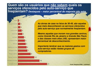 Quem são os usuários que não sabem quais os 
serviços oferecidos pelo auto-serviço que 
freqüentam? Destaques – maior percentual de resposta não sabe 
6 
5 
3 
2 
Padaria 
Entrega em domicílio 
Farmácia 
Lanche no local 
Outras lojas 
Jardinagem 
Locadora de vídeo 
Rotisserie 
Pagamento de contas 
Revelação de filmes 
Produtos orgânicos 
Serviços financeiros 
Confidential & Proprietary Copyright © 2007 The Nielsen Company 
21 
16 
12 
9 
7 
6 
4 
3 
2 
1 
Encomenta para festas 
Venda pela Internet 
As donas de casa na faixa de 30-49, são aquelas 
que mais desconhecem os serviços oferecidos 
pelo auto-serviço que normalmente freqüentam. 
Mesmo aquelas que moram nos grandes centros, 
como Grande Rio de Janeiro e Grande São Paulo 
e das classes mais altas (AB), apresentam maior 
percentual de desconhecimento. 
Importante lembrar que os maiores gastos com 
auto-serviço estão nestes grupos de 
compradores. 
Fonte: Pesquisa APAS – LatinPanel 
 