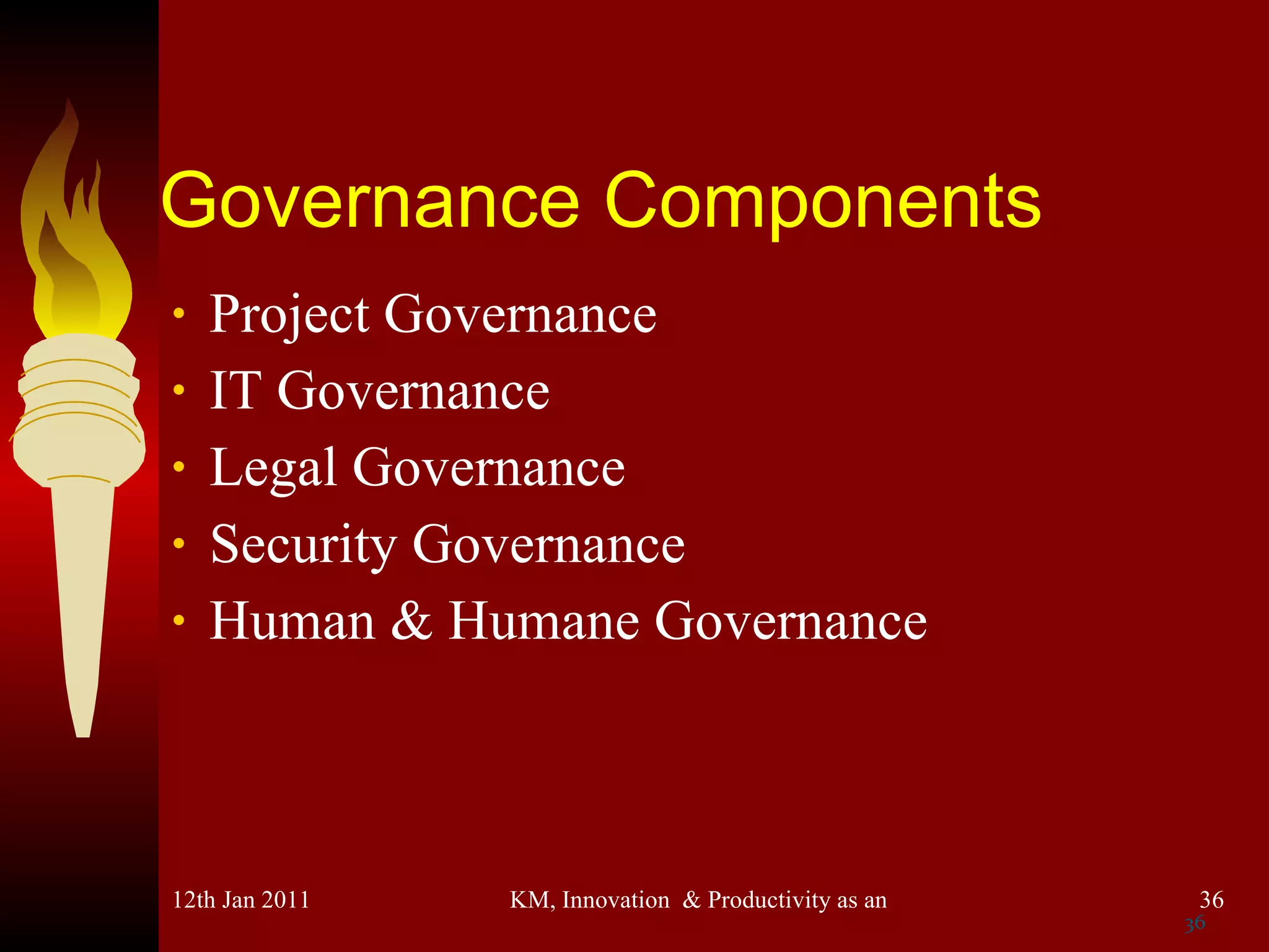 Governance Components Project Governance IT Governance Legal Governance Security Governance Human & Humane Governance 