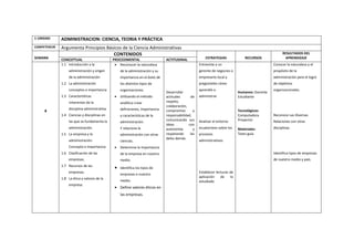 1 UNIDAD ADMINISTRACION: CIENCIA, TEORIA Y PRÁCTICA
COMPETENCIA Argumenta Principios Básicos de la Ciencia Administrativas
SEMANA
CONTENIDOS
ESTRATEGIAS RECURSOS
RESULTADOS DEL
APRENDIZAJECONCEPTUAL PROCEDIMENTAL ACTITUDINAL
4
1.1 Introducción a la
administración y origen
de la administración
1.2 La administración
conceptos e importancia
1.3 Características
inherentes de la
disciplina administrativa.
1.4 Ciencias y disciplinas en
las que se fundamenta la
administración.
1.5 La empresa y la
administración:
Concepto e importancia
1.6 Clasificación de las
empresas.
1.7 Recursos de las
empresas.
1.8 La ética y valores de la
empresa.
 Reconocer la naturaleza
de la administración y su
importancia en el éxito de
los distintos tipos de
organizaciones.
 Utilizando el método
analítico crear
definiciones, importancia
y características de la
administración.
Y relaciona la
administración con otras
ciencias.
 Determina la importancia
de la empresa en nuestro
medio.
 Identifica los tipos de
empresas e nuestro
medio.
 Define valores éticos en
las empresas.
Desarrollar
actitudes de
respeto,
colaboración,
compromiso y
responsabilidad,
comunicando sus
ideas con
autonomía y
respetando las
delos demás.
Entreviste a un
gerente de negocios o
empresario local y
pregúnteles cómo
aprendió a
administrar.
Analizar el entorno
ecuatoriano sobre los
procesos
administrativos.
Establecer lecturas de
aplicación de lo
estudiado
Humanos: Docente
Estudiante
Tecnológicos:
Computadora
Proyector
Materiales:
Texto guía
Conocer la naturaleza y el
propósito de la
administración para el logro
de objetivos
organizacionales.
Reconoce Las Diversas
Relaciones con otras
disciplinas.
Identifica tipos de empresas
de nuestro medio y país.
 