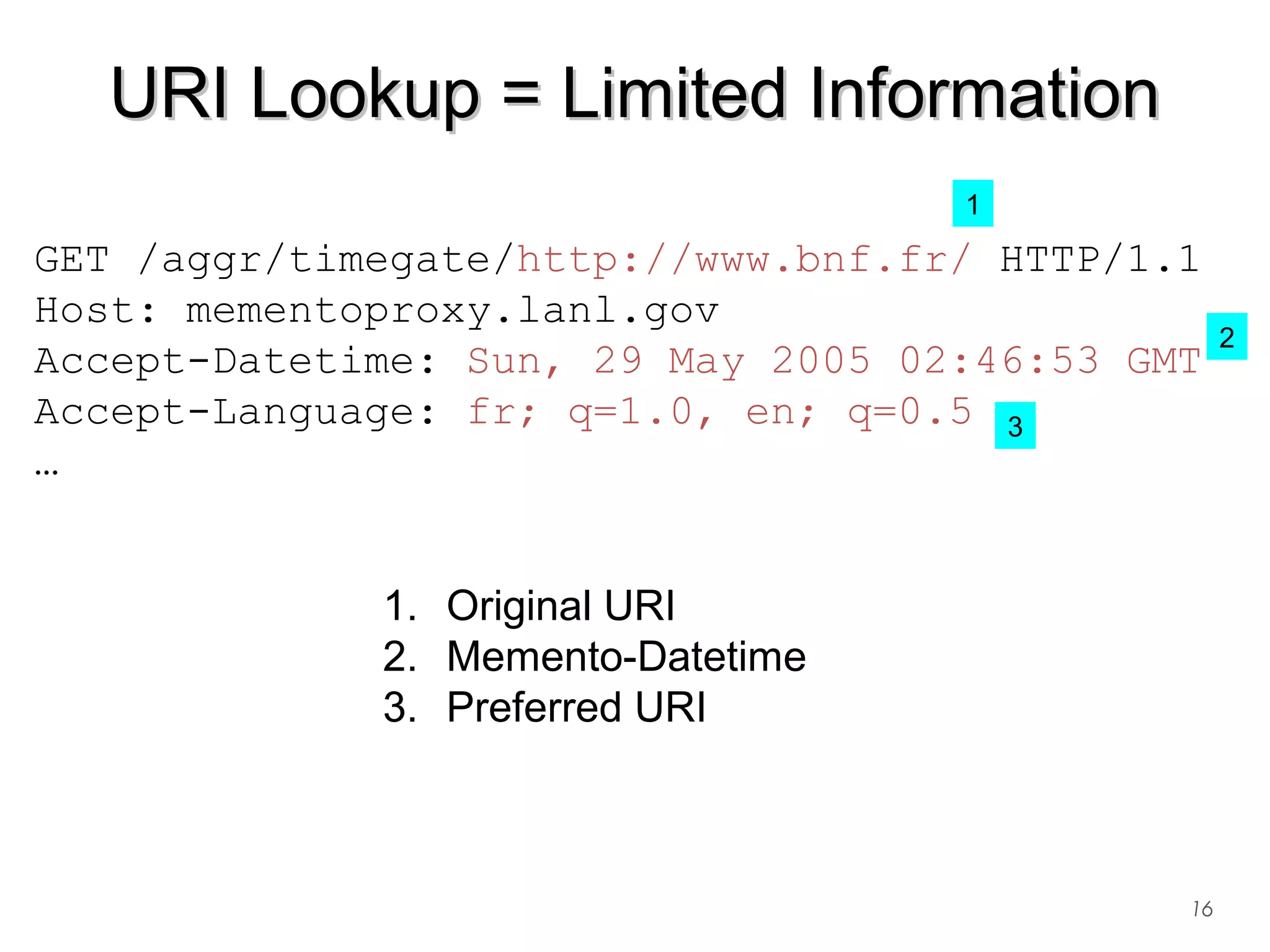 URI Lookup = Limited InformationURI Lookup = Limited Information
16
GET /aggr/timegate/http://www.bnf.fr/ HTTP/1.1
Host: mementoproxy.lanl.gov
Accept-Datetime: Sun, 29 May 2005 02:46:53 GMT
Accept-Language: fr; q=1.0, en; q=0.5
…
1. Original URI
2. Memento-Datetime
3. Preferred URI
2
1
3
