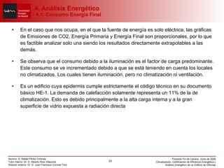 En el caso que nos ocupa, en el que la fuente de energía es solo eléctrica, las gráficas de Emisiones de CO2, Energía Primaria y Energía Final son proporcionales, por lo que es factible analizar solo una siendo los resultados directamente extrapolables a las demás. Se observa que el consumo debido a la iluminación es el factor de carga predominante. Este consumo se ve incrementado debido a que se está teniendo en cuenta los locales no climatizados. Los cuales tienen iluminación, pero no climatización ni ventilación. Es un edificio cuya epidermis cumple estrictamente el código técnico en su documento básico HE-1. La demanda de calefacción solamente representa un 11% de la de climatización. Esto es debido principalmente a la alta carga interna y a la gran superficie de vidrio expuesta a radiación directa 4. Análisis Energético  4.1. Consumo Energía Final 
