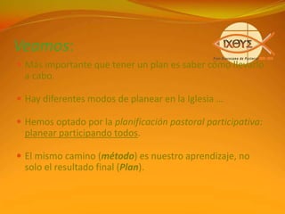 II Plan Diocesano de Pastoral3.  EL DINAMISMO MISIONERO   Reavivar la conciencia del espíritu misionero a partir de un encuentro personal y comunitario con Cristo que nos transforme en auténticos discípulos suyos, y nos envíe a los pobres y alejados promoviéndolos en su dignidad de hijos de Dios, para dinamizar nuestra misión evangelizadora.