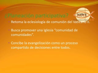 II Plan Diocesano de Pastoral1.10 Revisar y evaluar el ser y quehacer de las parroquias y pequeñas comunidades como estructuras al servicio de la pastoral. 1.10.1 Estableciendo criterios básicos para la creación y funcionamiento de las parroquias. 1.10.2 Exigiendo la información periódica sobre el desarrollo de los procesos pastorales propios.  1.10.3 Implementando instrumentos para conocer la realidad pastoral de las parroquias.