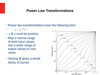  Power law transformations have the following form
 s = c * r γ
 c & γ must be positive
 Map a narrow range
of dark input values
into a wider range of
output values or vice
versa
 Varying γ gives a whole
family of curves
Power Law Transformations
 